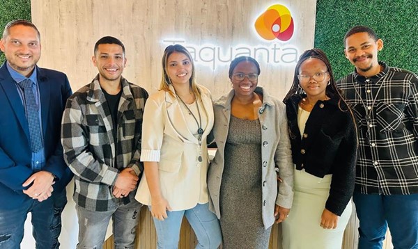 ASISA Academy IMACS@TSIBA Internship alumni currently working at Taquanta: from left, Kyle-Spencer Hawtrey, client service administrator; Mogamat Tayb Majiet, junior dealer cash solutions; Chane-Lee Hendricks, portfolio manager; Masanele Bam, client service administrator; Siyalakha Sonka, client service administrator; and Benjamin Samuels, intern.